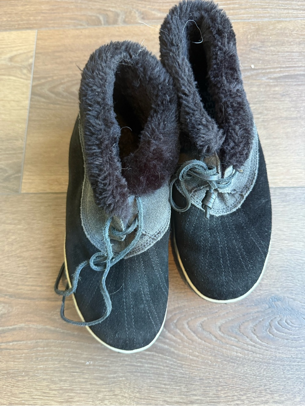 Sperry Black and Dark Brown Faux Fur Lace-Up Ankle Boots